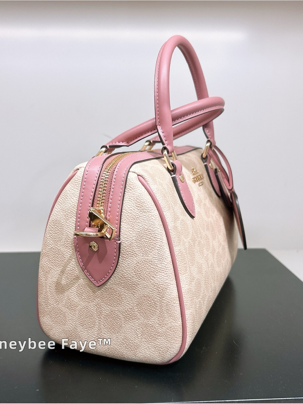 Coach Pink sand Signature Canvas Rowan Satchel Heart Charm regular size cdb21 - Picture 3 of 7